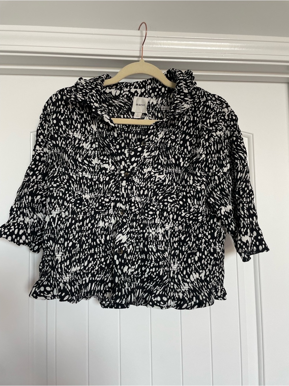 Maeve Black & White Patterned Smocked Peplum Blouse